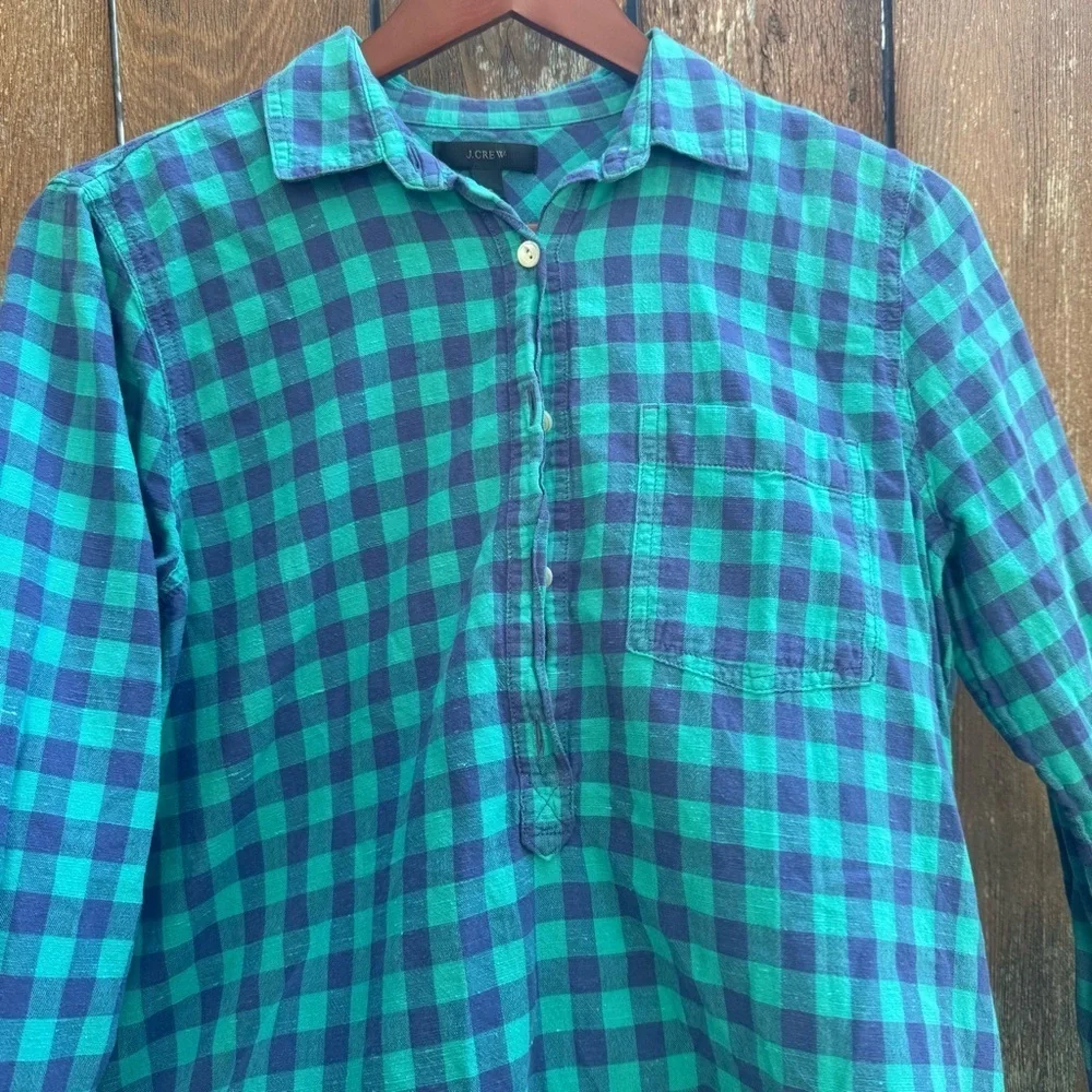J CREW Women’s Green Blue Plaid Check Cotton Pull Over Blouse Shirt Size 4